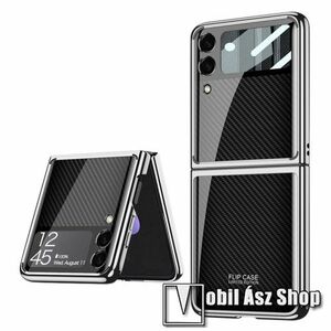 GLASS CASE műanyag védő tok / hátlap védő edzett üveg - GALVANIZÁLT EZÜST - KARBON MINTÁS - SAMSUNG Galaxy Z Flip3 5G kép