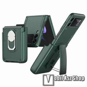 GKK Armour Series műanyag védő tok / hátlap - SÖTÉTZÖLD - kitámasztható, fém ujjgyűrűvel, tapadófelület mágneses autós tartóhoz, forgatható övcsipesz, levehető övre csíptethető tartó, erősített sarkok - ERŐS VÉDELEM! - SAMSUNG Galaxy Z Flip3 5G - GYÁRI kép