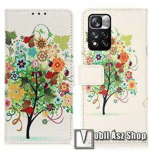 Notesz / mappa tok - SZÍNES VIRÁGZÓ FA MINTÁS - oldalra nyíló, rejtett mágneses záródás, bankkártyatartó zsebek, asztali tartó funkció, szilikon belső - Xiaomi Redmi Note 11 Pro (China) / Note 11 Pro Plus (China) / Note 11 Pro Plus 5G (Global) kép