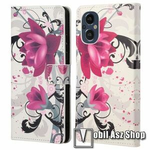 Notesz / mappa tok - LÓTUSZVIRÁG MINTÁS - oldalra nyíló, rejtett mágneses záródás, bankkártyatartó zseb, asztali tartó funkció, szilikon belső - OnePlus Nord N20 5G / Oppo A96 (China) kép