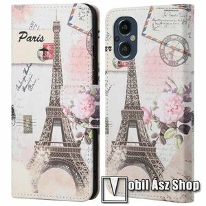 Notesz / mappa tok - EIFFEL TORONY MINTÁS - oldalra nyíló, rejtett mágneses záródás, bankkártyatartó zseb, asztali tartó funkció, szilikon belső - OnePlus Nord N20 5G / Oppo A96 (China) kép