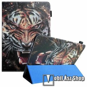 UNIVERZÁLIS notesz / mappa tablet PC tok - TIGRIS MINTÁS - álló, bőr, oldalra nyíló flip cover, TRIFOLD asztali tartó funkciós, ceruzatartó, gumis záródás, 6.5-7.5"-os készülékekhez ajánlott - 205 x 135 x 15mm kép