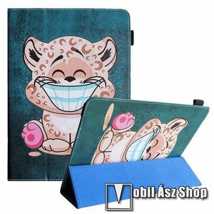 UNIVERZÁLIS notesz / mappa tablet PC tok - LEOPÁRD MINTÁS - álló, bőr, oldalra nyíló flip cover, TRIFOLD asztali tartó funkciós, ceruzatartó, gumis záródás, 6.5-7.5"-os készülékekhez ajánlott - 205 x 135 x 15mm kép