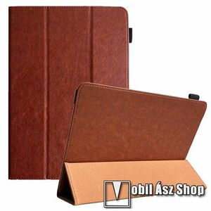 UNIVERZÁLIS notesz / mappa tablet PC tok - BARNA - álló, bőr, oldalra nyíló flip cover, TRIFOLD asztali tartó funkciós, ceruzatartó, gumis záródás, 7-8"-os készülékekhez ajánlott - 215 x 145 x 15mm kép