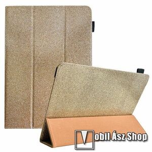 UNIVERZÁLIS notesz / mappa tablet PC tok - ARANY - álló, bőr, oldalra nyíló flip cover, TRIFOLD asztali tartó funkciós, ceruzatartó, gumis záródás, 7-8"-os készülékekhez ajánlott - 215 x 145 x 15mm kép