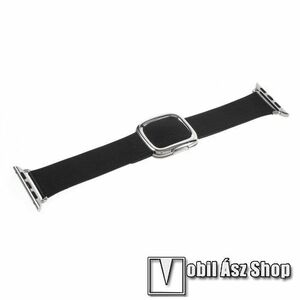 Okosóra szíj - FEKETE - valódi bőr, kétrészes mágneses záródás, 195mm hosszú - Apple Watch Series 1/2/3 38mm / 4/5/6/SE 40mm / 7/8/9 41mm / 10 42mm kép