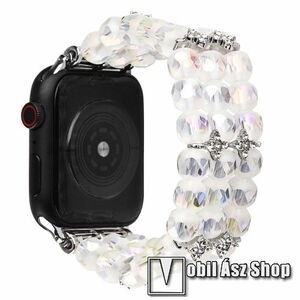 Okosóra műanyag / rozsdamentes acél szíj - FEHÉR / EZÜST - 155mm hosszú, gyönggyel és virággal díszített - Apple Watch Series 1/2/3 42mm / 4/5/6/SE 44mm / 7/8 45mm / Ultra 49mm kép