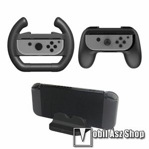 DOBE TNS-876 Nintendo Switch gamer szett - 1x Joy-Con kontrollerhez kormány foglalat / 1x Joy-Con kontrollerhez joystick foglalat, kormány / 1x asztali töltő / tartó állvány / 1x porvédő dugók - FEKETE - GYÁRI kép