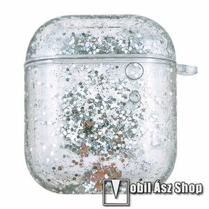 Műanyag védő tok Apple AirPods / AirPods 2-höz - csillogó, liquid folyadék, heveder lyuk, töltőnyílás, ERŐS VÉDELEM! - EZÜST / ÁTTETSZŐ kép