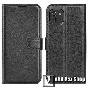 WALLET notesz tok / flip tok - FEKETE - asztali tartó funkciós, oldalra nyíló, rejtett mágneses záródás, bankkártyatartó zseb, szilikon belső - SAMSUNG Galaxy A03 (SM-A035F/DS) kép