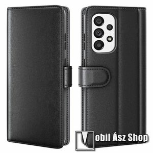 Notesz tok / flip tok - FEKETE - valódi bőr, asztali tartó funkciós, oldalra nyíló, rejtett mágneses záródás, bankkártyatartó zseb, szilikon belső - SAMSUNG Galaxy A33 5G (SM-A336) kép