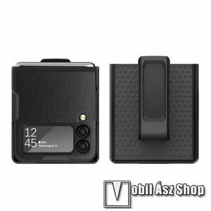 OTT! LEATHER BELT műanyag védő tok / hátlap - FEKETE - kitámasztható, forgatható övcsipesz, levehető övre csíptethető tartó, PU bőrrel bevont, erősített sarkok - ERŐS VÉDELEM! - SAMSUNG Galaxy Z Flip3 5G kép