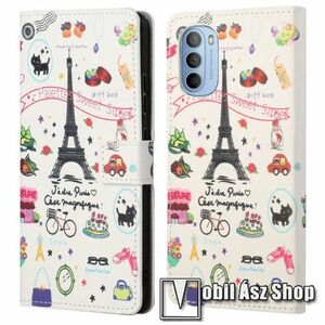 Notesz / mappa tok - EIFFEL TORONY MINTÁS - oldalra nyíló, rejtett mágneses záródás, bankkártyatartó zsebek, asztali tartó funkció, szilikon belső - MOTOROLA Moto G41 / Moto G31 kép
