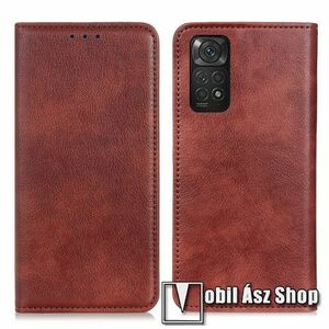 Notesz tok / flip tok - BARNA - hasított bőr, asztali tartó funkciós, oldalra nyíló, rejtett mágneses záródás, bankkártya tartó zseb, szilikon belső - Xiaomi Redmi Note 11 4G (Global version) / Redmi Note 11S (Global version) kép