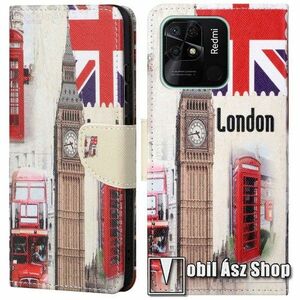 Notesz / mappa tok - LONDON MINTÁS - oldalra nyíló, rejtett mágneses záródás, bankkártyatartó zsebek, asztali tartó funkció, szilikon belső - Xiaomi Redmi 10C kép