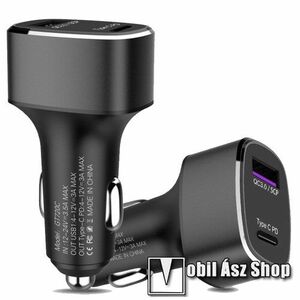 UNIVERZÁLIS szivargyújtós töltő / autós töltő - 36W, 1x USB aljzat 4-12V/3A max, 1x Type-C aljzat 12-24V/3.5A max, QC 3.0 / PD / HUAWEI SuperCharge gyorstöltés támogatás, kábel NÉLKÜL! - FEKETE kép