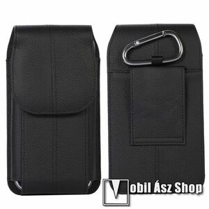 UNIVERZÁLIS álló tok - valódi bőr, övre fűzhető, patent záródás, karabíner - max. 178mm x 95mm x 20mm méretű készülékekhez - FEKETE kép