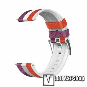 Okosóra szíj - FEHÉR / LILA / PIROS - szilikon / PU bőrrel bevont - 125mm + 75mm hosszú, 22mm széles - SAMSUNG Galaxy Watch 42mm / Amazfit GTS / Galaxy Watch3 41mm / HUAWEI Watch GT 2 42mm / Watch Active / Active 2 kép