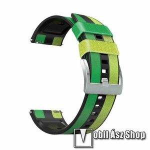 Okosóra szíj - ZÖLD / FEKETE - szilikon / PU bőrrel bevont - 125mm + 75mm hosszú, 22mm széles - SAMSUNG Galaxy Watch 42mm / Amazfit GTS / Galaxy Watch3 41mm / HUAWEI Watch GT 2 42mm / Watch Active / Active 2 kép