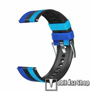Okosóra szíj - FEKETE / KÉK - szilikon / PU bőrrel bevont - 125mm + 75mm hosszú, 22mm széles - SAMSUNG Galaxy Watch 42mm / Amazfit GTS / Galaxy Watch3 41mm / HUAWEI Watch GT 2 42mm / Watch Active / Active 2 kép