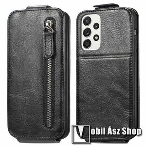 SLIM FLIP tok - FEKETE - lefelé nyíló, rejtett mágneses záródás, szilikon belső, külső cipzáros zseb, asztali tartó funkciós, bankkártya tartó, beépített fémlap mágneses tartóhoz - SAMSUNG Galaxy A33 5G (SM-A336) kép