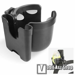 UNIVERZÁLIS babakocsira rögzíthető mobiltelefon / cumisüveg tartó - kormányra rögzíthető, 45mm-ig nyíló csipesz, 9cm átmérőjű cumisüveg tartó, max. 85mm széles telefonokhoz - FEKETE kép