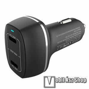 UNIVERZÁLIS szivargyújtós töltő / autós töltő - 60W(max), 2x Type-C aljzat, 30W, 5V/3A; 9V/2.22A; 12V/1.67A, PPS: 3.6V-5.9V/3A, 3.6V-11V/2.75A, PD gyorstöltés támogatás, kábel NÉLKÜL! - FEKETE kép