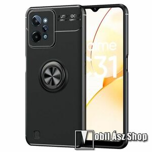 OTT! METAL RING szilikon védő tok / hátlap - FEKETE - fém ujjgyűrű, tapadófelület mágneses autós tartóhoz, kitámasztható, ERŐS VÉDELEM! - Realme C31 kép