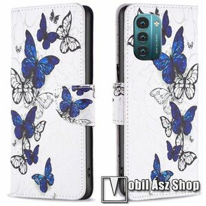 Notesz / mappa tok - FEHÉR / KÉK PILLANGÓ MINTÁS - oldalra nyíló, rejtett mágneses záródás, belső zseb, asztali tartó funkció, szilikon belső - NOKIA G11 / NOKIA G21 kép