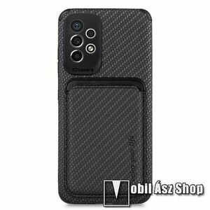 OTT! CARBON MAGNETIC CARD műanyag védő tok / hátlap - FEKETE KARBON MINTÁS - szilikon szegély, mágneses levehető bankkártyatartó, erősített sarkok - ERŐS VÉDELEM! - SAMSUNG Galaxy A33 5G (SM-A336) kép