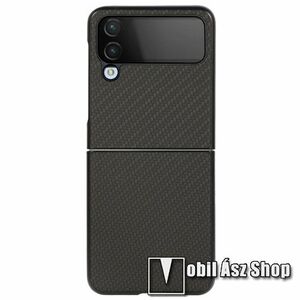 Műanyag védő tok / hátlap - szilikon betétes, PU bőrrel bevont - FEKETE - KARBON MINTÁS - SAMSUNG Galaxy Z Flip4 (SM-F721) kép