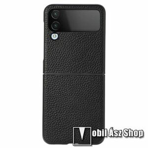 Műanyag védő tok / valódi bőr hátlap - szilikon betétes - FEKETE - SAMSUNG Galaxy Z Flip4 5G kép