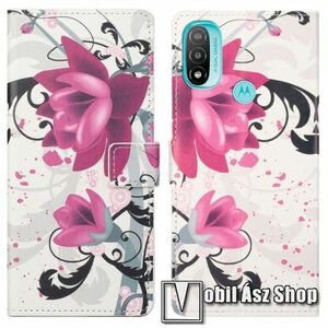 Notesz / mappa tok - LÓTUSZVIRÁG MINTÁS - oldalra nyíló, rejtett mágneses záródás, bankkártyatartó zsebek, asztali tartó funkció, szilikon belső - MOTOROLA Moto E20 / Moto E30 / Moto E40 kép