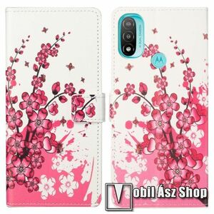 Notesz / mappa tok - VIRÁGZÓ FA MINTÁS - oldalra nyíló, rejtett mágneses záródás, bankkártyatartó zsebek, asztali tartó funkció, szilikon belső - MOTOROLA Moto E20 / Moto E30 / Moto E40 kép