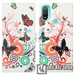 Notesz / mappa tok - SZÍNES PILLANGÓ MINTÁS - oldalra nyíló, rejtett mágneses záródás, bankkártyatartó zsebek, asztali tartó funkció, szilikon belső - MOTOROLA Moto E20 / Moto E30 / Moto E40 kép