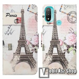 Notesz / mappa tok - EIFFEL TORONY MINTÁS - oldalra nyíló, rejtett mágneses záródás, bankkártyatartó zsebek, asztali tartó funkció, szilikon belső - MOTOROLA Moto E20 / Moto E30 / Moto E40 kép