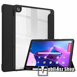 Notesz / mappa tok - FEKETE / ÁTLÁTSZÓ - átlátszó hátlap, oldalra nyíló flip cover, TRIFOLD asztali tartó funkciós, PU bőrrel bevont, belső ceruzatartó, mágneses záródás, erősített sarkok, szilikon belső - Lenovo Tab M10 Plus (3rd Gen) / Motorola Moto Tab kép