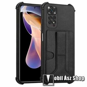 OTT! LEATHER CARD szilikon védő tok / hátlap - FEKETE - PU bőrrel bevont hátlap, asztali tartó funkció, bánkártyatartó zsebek, erősített sarkok - ERŐS VÉDELEM! - Xiaomi Redmi Note 11 4G (Global version) / Redmi Note 11S (Global version) kép