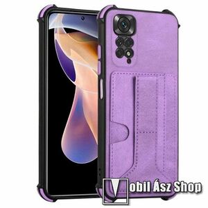 OTT! LEATHER CARD szilikon védő tok / hátlap - LILA - PU bőrrel bevont hátlap, asztali tartó funkció, bánkártyatartó zsebek, erősített sarkok - ERŐS VÉDELEM! - Xiaomi Redmi Note 11 4G (Global version) / Redmi Note 11S (Global version) kép