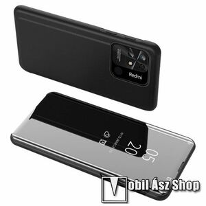 Notesz / flip tok - FEKETE - oldalra nyíló áttetsző tükrös flip cover, asztali tartó funkció, műanyag belső - Xiaomi Redmi 10C kép
