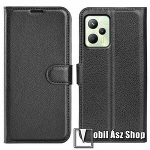 WALLET notesz tok / flip tok - FEKETE - asztali tartó funkciós, oldalra nyíló, rejtett mágneses záródás, bankkártyatartó zseb, szilikon belső - Realme C35 / Narzo 50A Prime kép