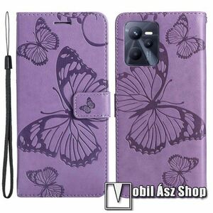 Notesz / mappa tok - GRAVÍROZOTT PILLANGÓ MINTÁS - LILA - oldalra nyíló, rejtett mágneses záródás, belső zseb, asztali tartó funkció, szilikon belső - Realme C35 / Narzo 50A Prime kép