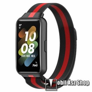Okosóra milánói szíj - rozsdamentes acél, mágneses - FEKETE / PIROS - 210mm hosszú - HUAWEI Band 7 kép