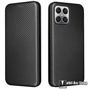 Notesz tok / flip tok - FEKETE - KARBON MINTÁS - asztali tartó funkciós, oldalra nyíló, rejtett mágneses záródás, bankkártyatartó zseb, szilikon belső - HUAWEI Honor X30i / Honor X8 / Honor Play6T Pro kép