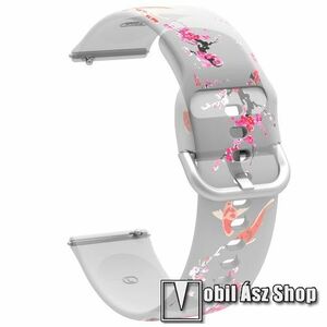 Okosóra szíj - szilikon - VIRÁG ÉS ARANYHAL MINTÁS - 126+92mm hosszú, 22mm széles, 160-220mm csuklóméretig - HUAWEI Watch GT 46mm / GT 2 46mm / GT 3 Pro 43mm, 46mm / GT 2e / SAMSUNG Galaxy Watch 46mm / Watch3 45mm / Gear S3 Classic kép