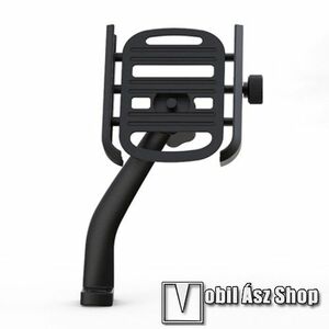 UNIVERZÁLIS biciklis / kerékpáros / motoros tartó konzol mobiltelefon készülékekhez - FEKETE - alumínium, 360°-ban forgatható, visszapillantó tükör alá rögzíthető, 55-83mm-ig nyíló bölcső, 10mm vastag készülékekhez kép