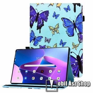 Notesz / mappa tok - PILLANGÓ MINTÁS - KÉK - oldalra nyíló, bankkártyatartó zsebek, gumis záródás, asztali tartó funkció, ceruzatartó, szilikon belső - Lenovo Tab M10 Plus (3rd Gen) / Motorola Moto Tab G62 kép