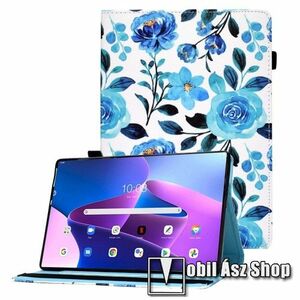 Notesz / mappa tok - KÉK VIRÁG MINTÁS - oldalra nyíló, bankkártyatartó zsebek, gumis záródás, asztali tartó funkció, ceruzatartó, szilikon belső - Lenovo Tab M10 Plus (3rd Gen) / Motorola Moto Tab G62 kép