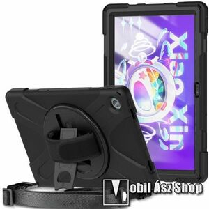 Műanyag védő tok / hátlap - X alakú, 3 rétegből áll, szilikon betétes, kitámasztható, 360°-ban elforgatható kézpánt, hevederrel- ERŐS VÉDELEM! - FEKETE - Lenovo Tab M10 Plus (3rd Gen) / Motorola Moto Tab G62 kép