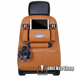 UNIVERZÁLIS Autóülésre rögzíthető több rekeszes tároló / Háttámlavédő - műbőr, több rekeszes rendszerező, könnyen felrögzíthető, zsebkendő tartó, esernyő és italtartó zseb, cseppálló - BARNA kép